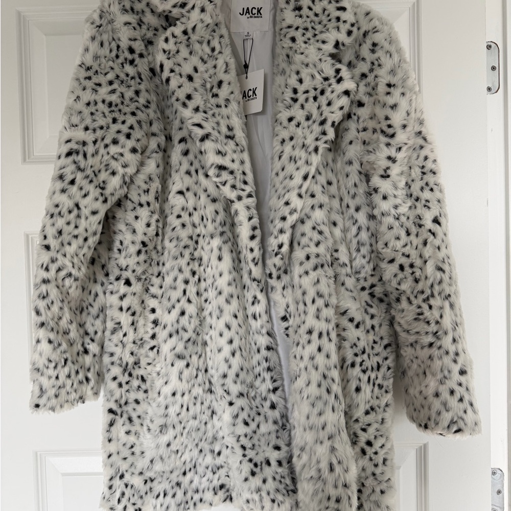 BB Dakota Faux Fur Spotted Teddy Coat in White and Black
